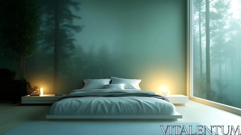 Serene Bedroom with Forest Ambiance AI Image