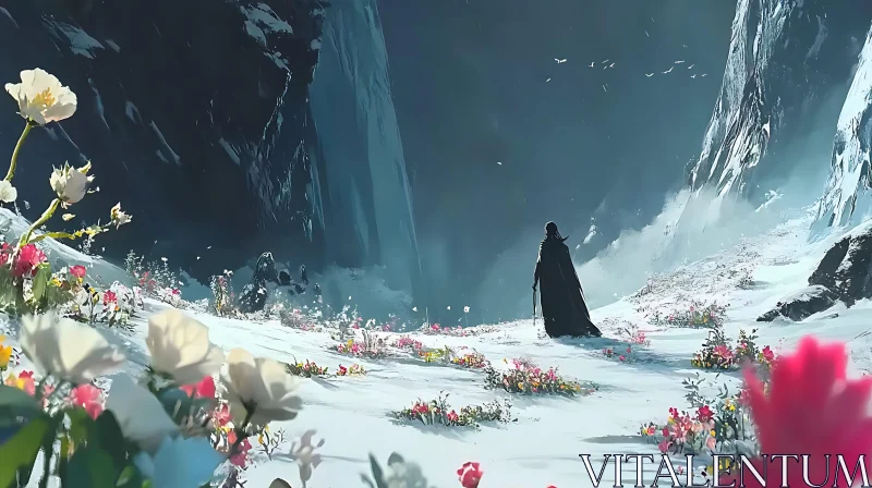 Figure in Snowy Floral Mountain Scene AI Image