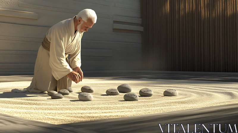 Man in White Robes Meditating in Zen Garden AI Image