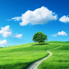 Lone Tree on Green Field Under Blue Sky