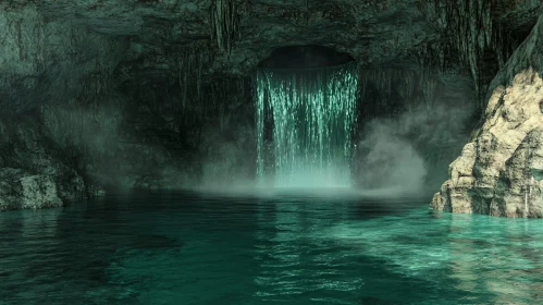 Emerald Light Cascade in a Rocky Cave