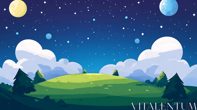 Cartoon Night Scene with Planets and Stars AI Image