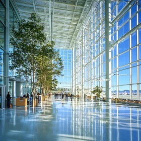 Hall with Glass Walls and Trees