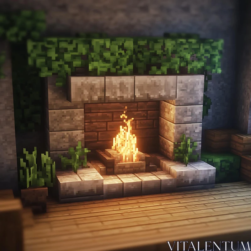 AI ART Pixelated Fireplace with Greenery