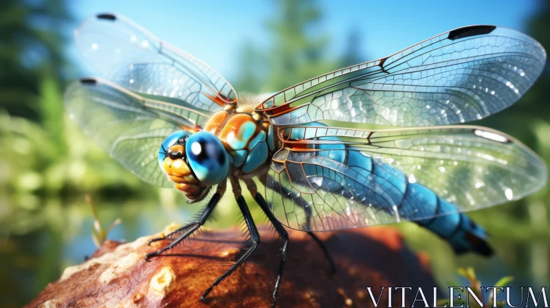 Azure Dragonfly on Tree Stump: An Exquisite Close-up AI Image