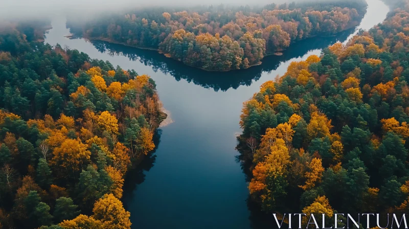 AI ART Autumn River Scene from Above with Colorful Trees