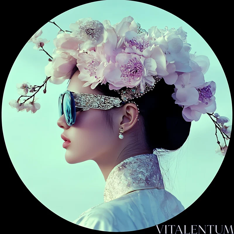 Woman in Floral Crown and Futuristic Glasses AI Image