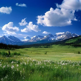 Snowy Peaks and Flowered Field