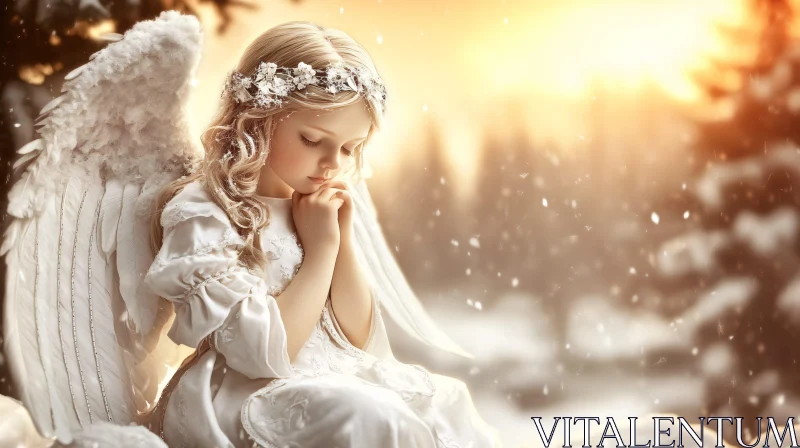 AI ART Serene Angel Child in Winter Snowfall