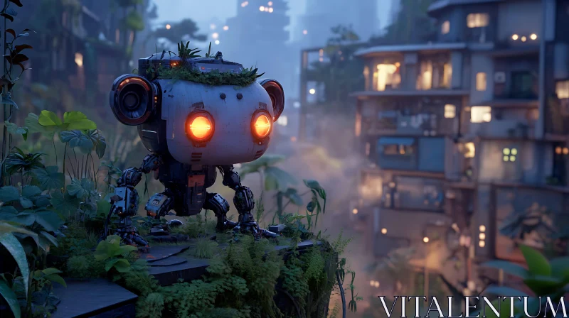 AI ART Future Robot in Overgrown Cityscape