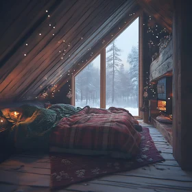 Snug Attic Bedroom with Snowy Forest View