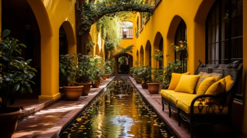 Exotic Courtyard in Yellow House with Archway and Water | Urban Landscape
