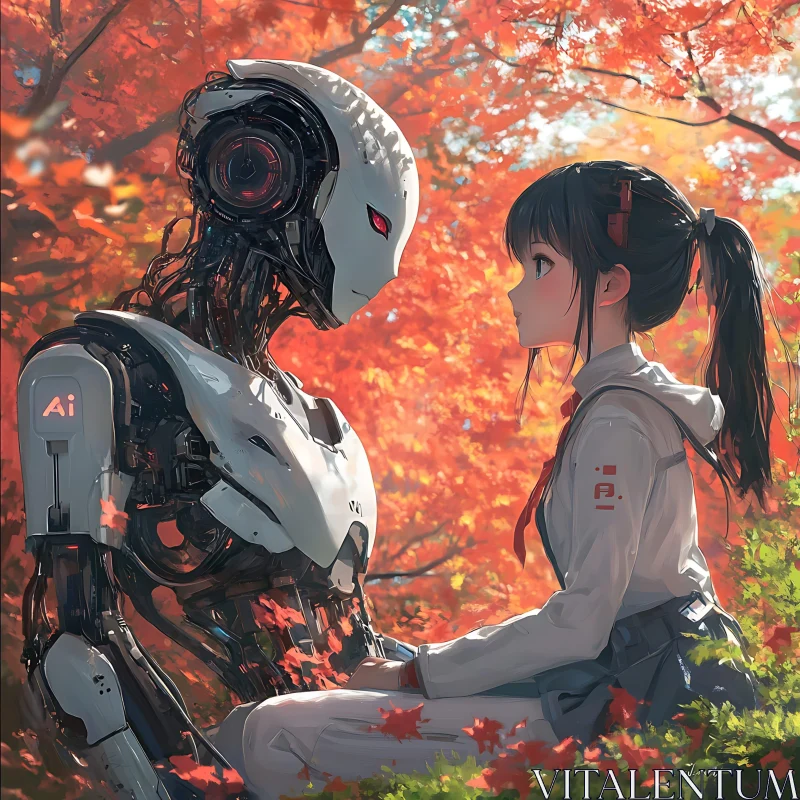 Cybernetic Meeting in Autumn Leaves AI Image