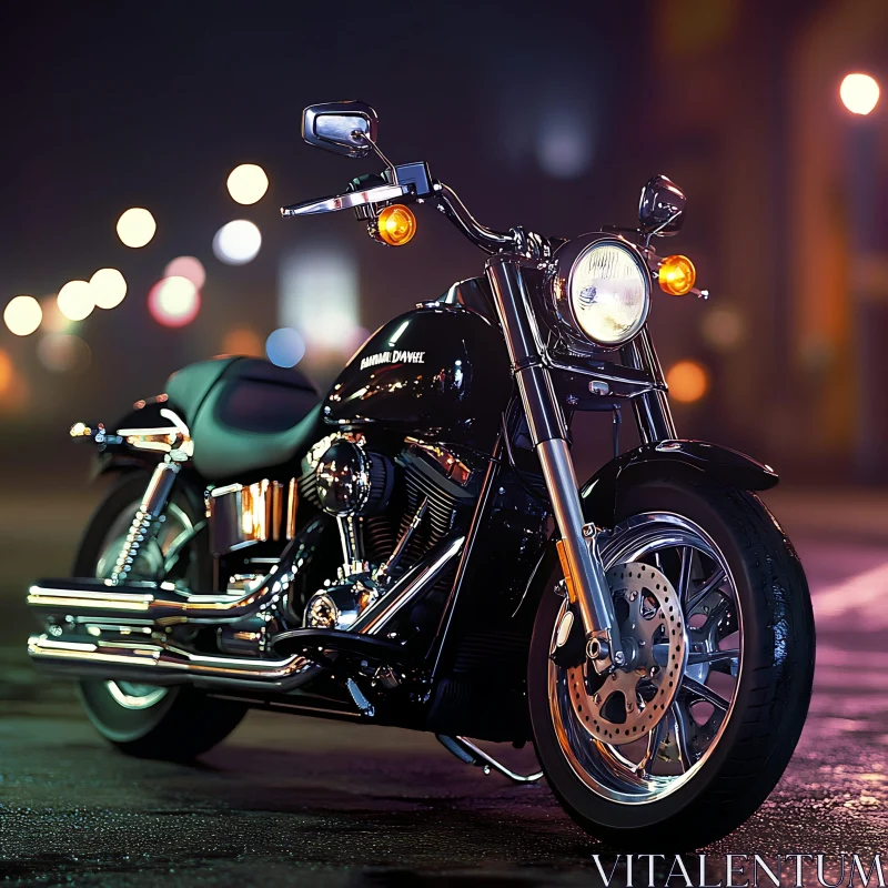 Night Scene with Classic Motorcycle AI Image