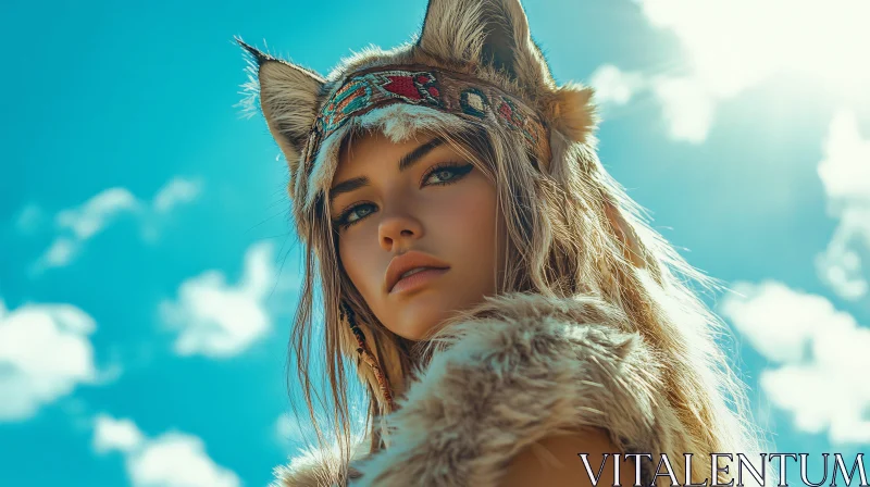 AI ART Fur Headdress Portrait with Blue Sky