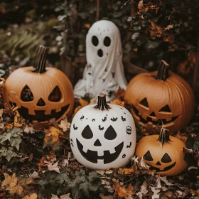 Spooky Scene with Pumpkins and Ghost