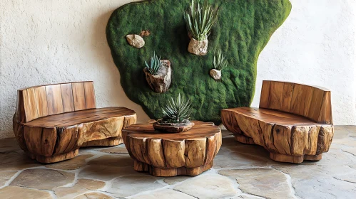 Unique Wooden Furniture Set and Green Moss