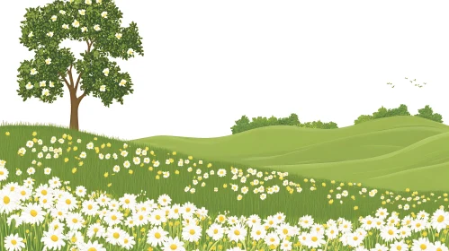 Tranquil Landscape with Daisies and Hills