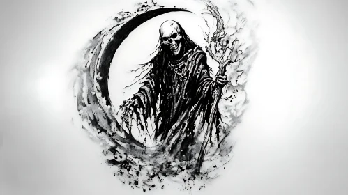 Monochrome Reaper with Moon Illustration