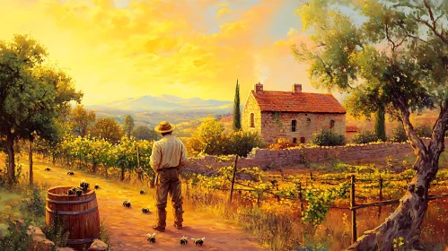 Farmer in Sunny Vineyard Scene