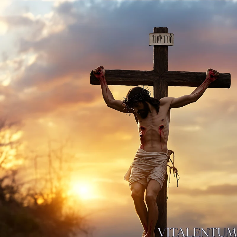 Sunset Crucifixion: A Religious Depiction AI Image