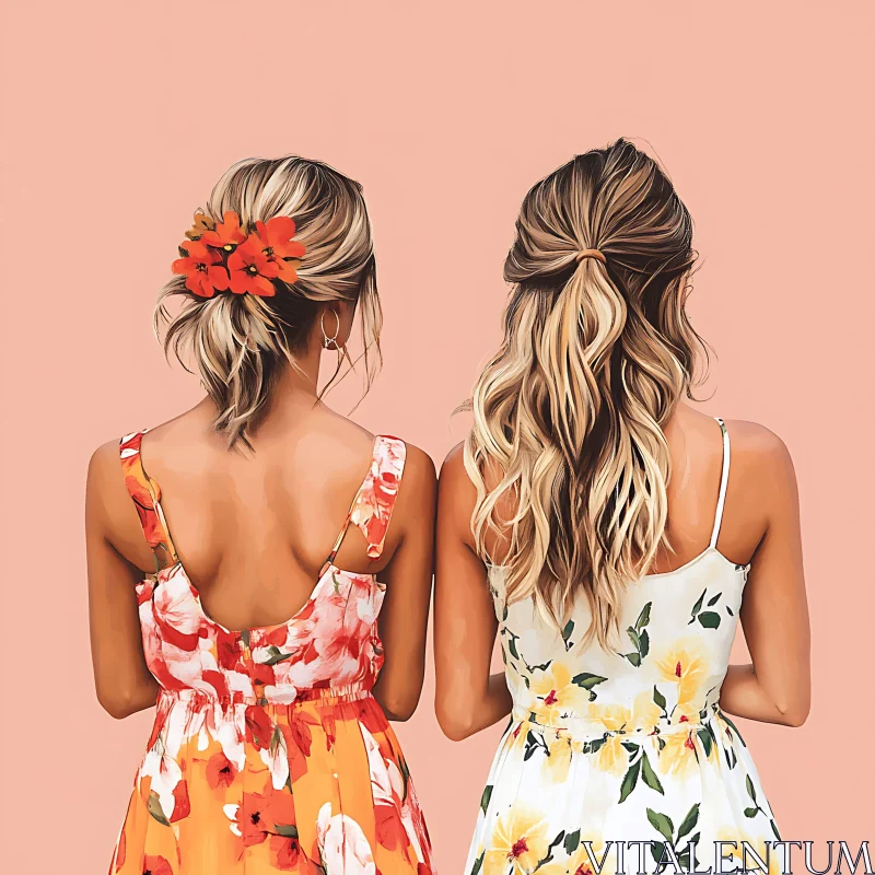 Two Women in Floral Dresses AI Image