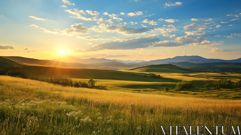 Picturesque Sunset Landscape with Golden Field AI Image