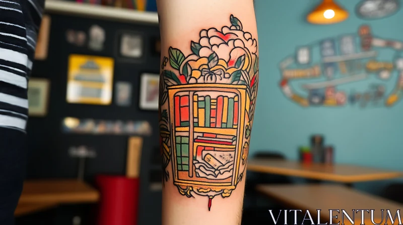 Floral Bookshelf Tattoo on Arm AI Image