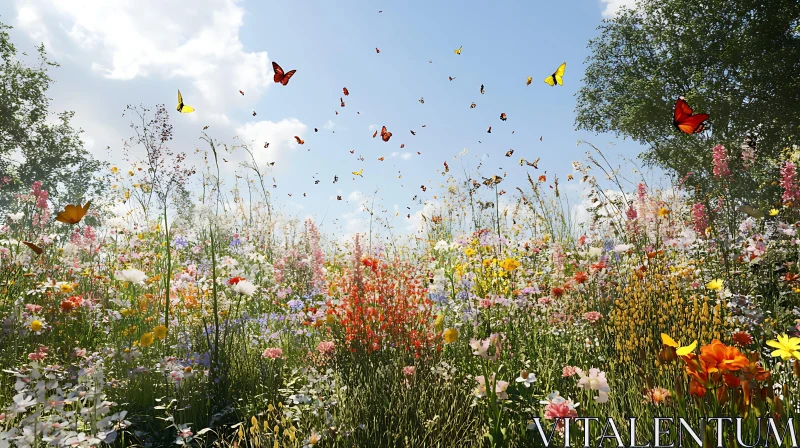 AI ART Floral Meadow with Butterflies