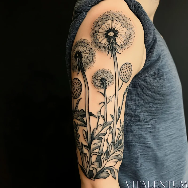 Detailed Black and Grey Dandelion Ink AI Image