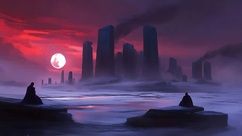 Cloaked Figures Under a Crimson Moon