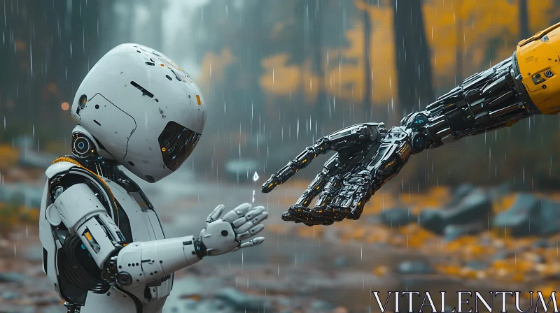 Robot Connection in Autumn Rain AI Image