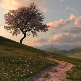 Pastel Sky and Blossoming Tree on Hill