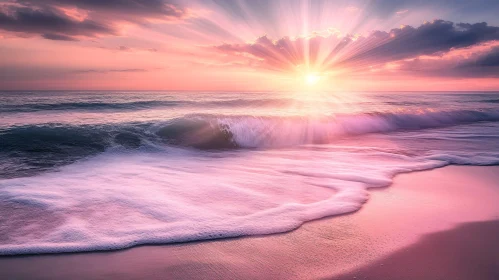 Serene Coastal Sunset with Waves and Sun Rays