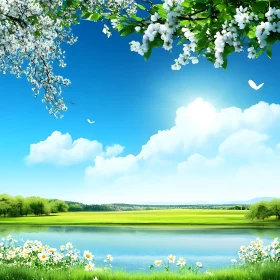 Tranquil Lake Scene with White Flowers