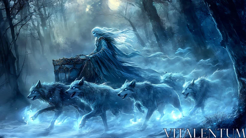 Ice Queen and Wolves in Enchanted Forest AI Image