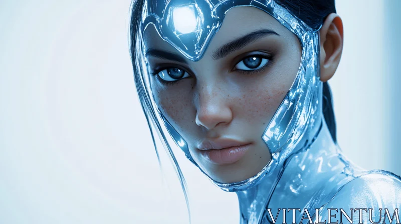 Futuristic Cyborg Woman with Blue Eyes AI Image