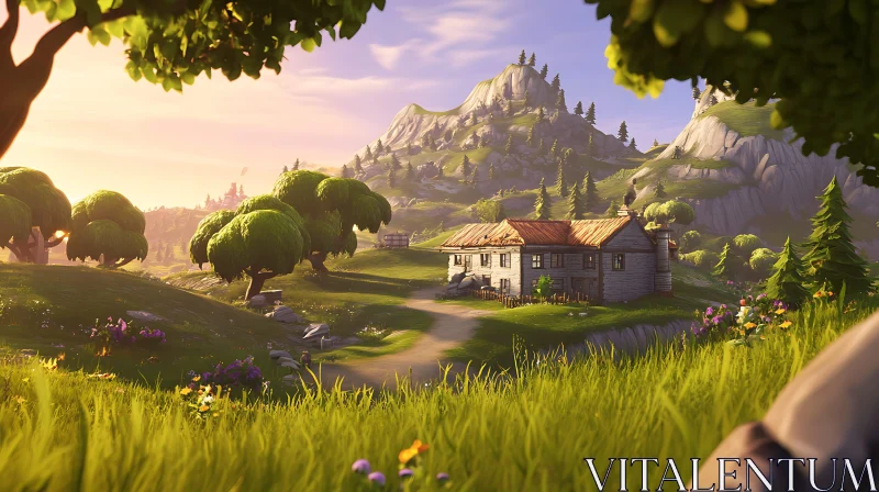 Idyllic Meadow Scene with Mountain View AI Image