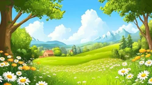 Idyllic Cartoon Landscape with Flowers