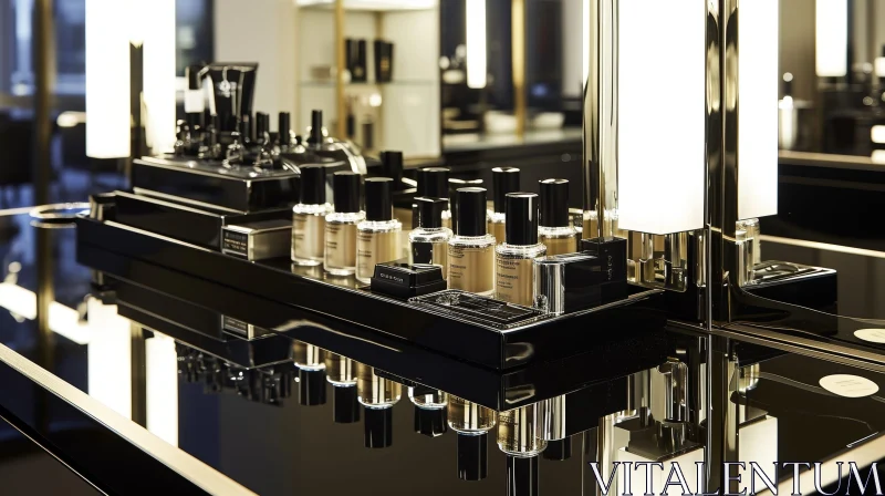 Luxurious Makeup Vanity with Black Marble Top and Gold Accents AI Image
