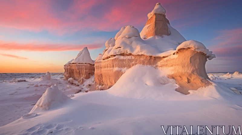 Mesmerizing Sunset Over Snow-Covered Sandstone Formations AI Image
