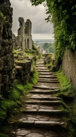 Mysterious Path Leading to an Ancient Castle Under a Cloudy Sky