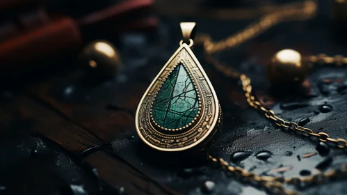 Mystic Mechanism Style Gold Pendant with Dark Emerald