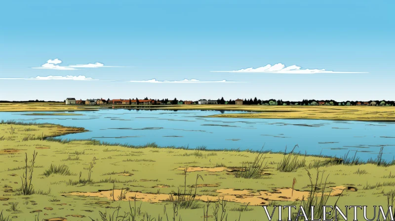 Prairiecore Comic Art - Serene Water and Sky AI Image