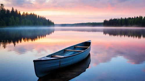 Serene Lake Scene with Canoe in Norwegian Nature