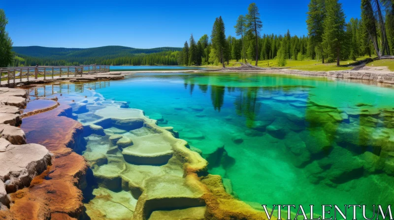 Tranquil Blue Water Lake in Yellowstone National Park AI Image