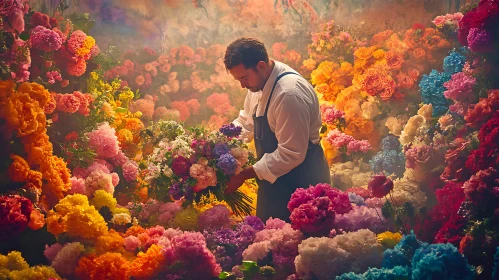 Man Arranging Bouquet in Flower Paradise