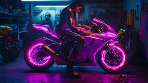 Woman on Motorcycle with Neon Lights