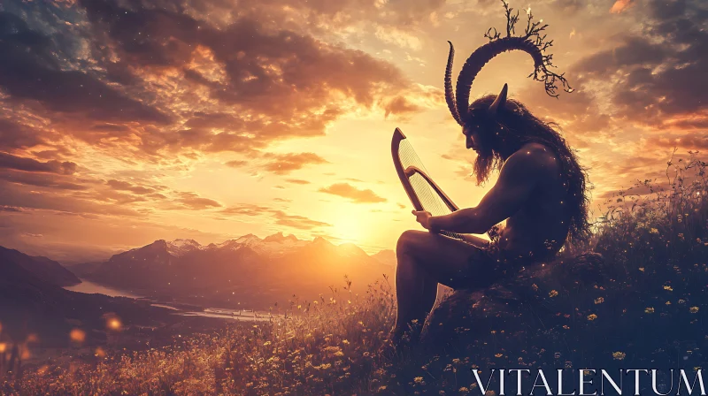 Horned Harpist at Dusk AI Image