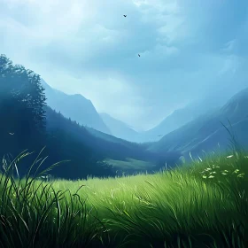 Scenic Mountain Meadow Landscape Art